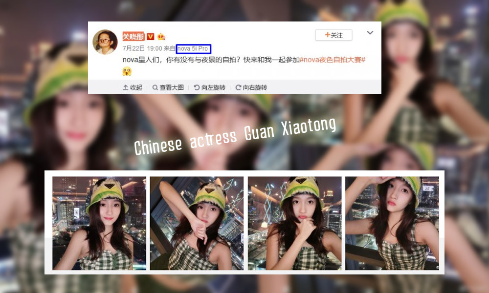 Ngay trước thời điểm Huawei phát hành mẫu Nova 5i Pro dành riêng cho thị trường Trung Quốc, nữ diễn viên Guan Xiaotong đã đăng ảnh selfie của mình lên Weibo và nhận được nhiều sự chú ý. Chiếc camera selfie 32 MP này thực sự đã không làm chúng ta thất vọng.