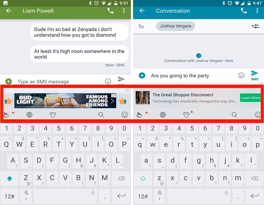 “Tử huyệt” của ứng dụng TouchPal chính là việc dành ra một diện tích hiển thị giữa màn hình để chèn vào các quảng cáo. Điều này không những làm xao nhãng, khiến người dùng phân tâm, mà còn khiến họ khó chịu vì bị che mất một phần màn hình. Phiền phức hơn nữa, người dùng gần như khó có thể tắt được các quảng cáo này.