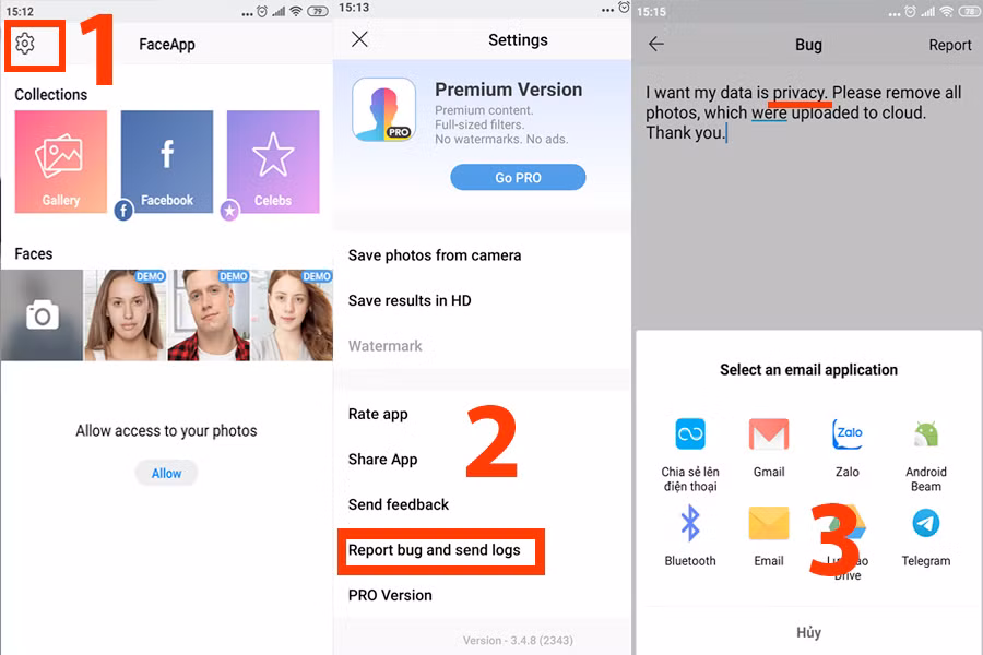 Nhiều người đã ngay lập tức mày mò ra cách xoá dữ liệu và chia sẻ lên mạng xã hội: Bước 1: truy cập vào Faceapp, chọn nút “Cài đặt” (hoặc Setting) ở phía trên bên trái màn hình. Bước 2: Chọn “Báo cáo lỗi” (hoặc Report bug and send logs). Bước 3: Yêu cầu xoá dữ liệu, trong nội dung phải có nhắc tới từ khoá “riêng tư” (privacy) và gửi đi.