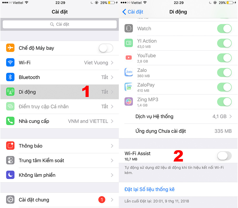 Tiếp theo, là cài đặt dữ liệu: Vẫn trong phần cài đặt máy (Setting) – Bước 1: truy cập vào phần “Di động”. Bước 2: kéo xuống dưới, tắt bỏ phần “Wi-fi Assist”. Cài đặt này giúp máy không tự động chuyển sang kết nối 3G hay 4G khi Wifi bị yếu, không đảm bảo tốc độ. Tuy tính năng này đảm bảo chất lượng kết nối, nhưng sẽ vô tình khiến người dùng tiêu tốn dung lượng truy cập internet tốc độ cao. Với những ai sử dụng sim internet trọn gói, có thể bỏ qua bước này.