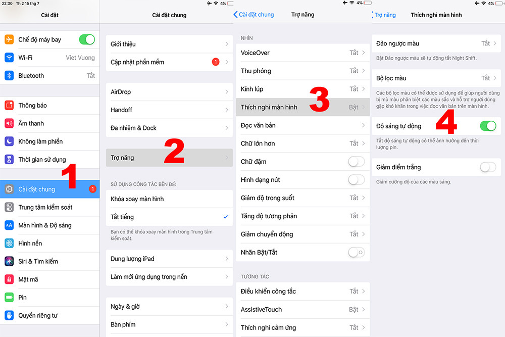 Kế tiếp, là cài đặt màn hình: Trong phần cài đặt của máy (Setting) – Bước 1: Truy cập vào phần “Cài đặt chung”. Bước 2: tiếp tục truy cập vào phần “Trợ năng”. Bước 3: Bấm vào phần “Thích nghi màn hình”. Bước 4: Tắt bỏ phần “Độ sáng tự động”.Cài đặt này giúp máy tiết kiệm pin khi không phải liên tục tính toán độ sáng của môi trường và thay đổi độ sáng của màn hình để phù hợp với thị giác người dùng. Bạn hoàn toàn có thể tự thực hiện việc tăng giảm độ sáng thủ công.
