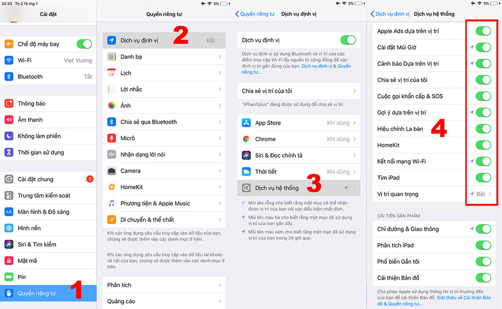 Một phần rất quan trọng, là cài đặt định vị. Bên trong phần cài đặt của máy (Setting) – Bước 1: Truy cập vào phần “Quyền riêng tư”. Bước 2: Tiếp tục vào phần “Dịch vụ định vị”. Bước 3: Kéo xuống bên dưới, vào phần “Dịch vụ hệ thống”. Bước 4: Tắt các mục không cần thiết tùy theo ý muốn, ví dụ: “Apple Ads dựa trên vị trí”, “Gợi ý dựa trên vị trí”… Các tùy chỉnh này nhằm giúp hệ thống không tự động sử dụng định vị toàn cầu GPS, góp phần giúp thiết bị tiết kiệm pin và đồng thời khiến iPhone chạy mượt mà hơn, do không phải tốn tài nguyên chạy ngầm.