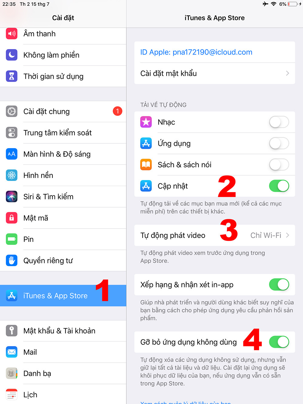 Cuối cùng, là cài đặt tài khoản. Trong phần cài đặt của máy (Setting) – Bước 1: kéo xuống dưới, truy cập vào phần “iTunes &amp; App Store”. Bước 2: Tắt bỏ phần “Cập nhật” đi. Cài đặt này giúp máy không tự động tìm kiếm và cài đặt những phiên bản mới nhất của các ứng dụng. Bạn vẫn hoàn toàn có thể tự cập nhật chúng thủ công. Bước 3: Trong phần “Tự động phát video” chỉnh tùy chọn là “Chỉ Wi-fi”. Cài đặt này sẽ giúp chúng ta tiết kiệm dữ liệu di động, tránh phung phí dung lượng internet tốc độ cao. Bước 4: Bật cài đặt “Gỡ bỏ ứng dụng không dùng”. Cài đặt này giúp máy tự loại bỏ những gì người dùng không truy cập và sử dụng trong thời gian dài, giúp tiết kiệm tài nguyên và dung lượng bộ nhớ.