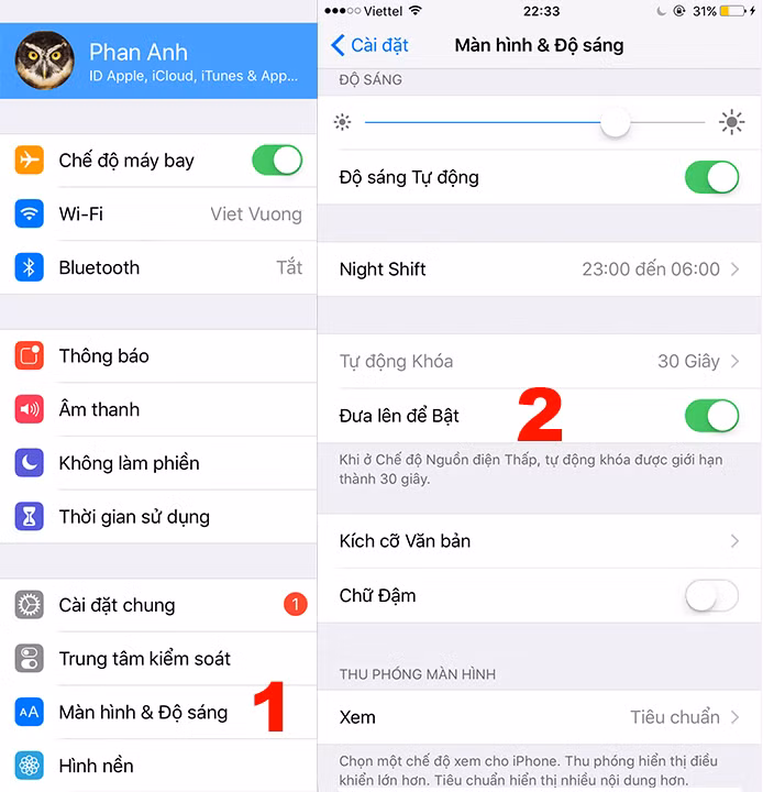 Vẫn là cài đặt màn hình, nhưng lần này, bên trong phần cài đặt của máy (Setting) – Bước 1: Truy cập vào phần “Màn hình &amp; Độ sáng”. Bước 2: Tắt tính năng “Đưa lên để Bật”. Cài đặt này sẽ giúp màn hình của máy không tự động sáng lên, mỗi khi người dùng cầm máy hoặc lấy máy từ trong túi ra, từ đó tiết kiệm pin cho chiếc iPhone.