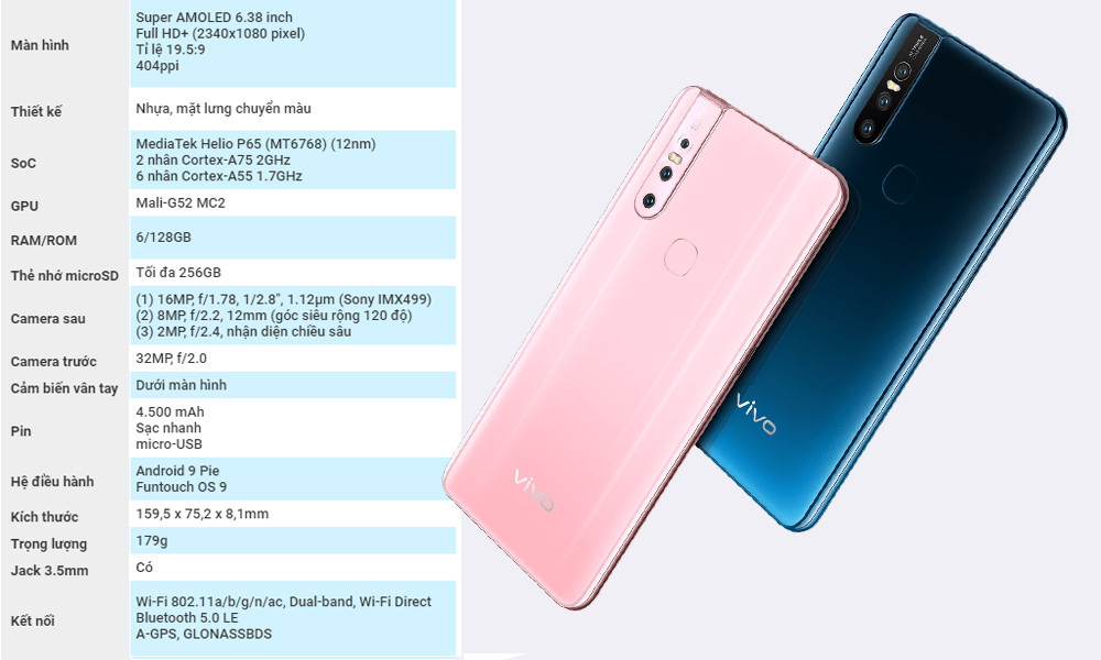 Máy cũng được trang bị màn hình giọt nước và công nghệ nhận diện vân tay dưới màn hình. Máy được trang bị con chip 6 nhân mã MediaTek Helio P65. Máy chỉ có một phiên bản được trang bị 6GB Ram và bộ nhớ trong 128GB.