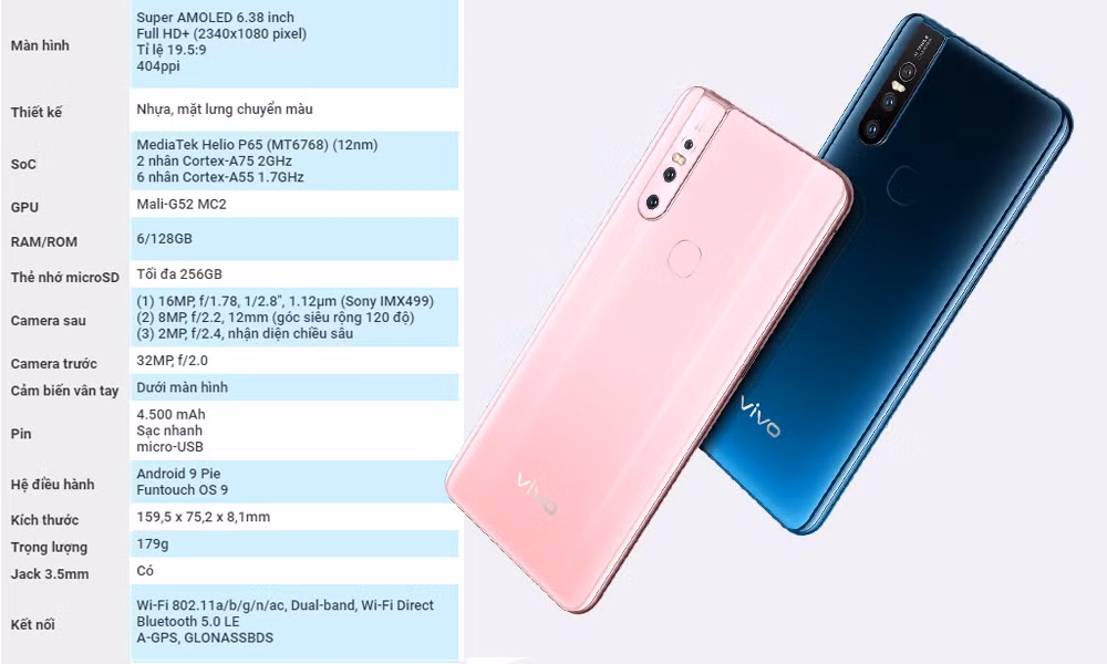 Máy cũng được trang bị màn hình giọt nước và công nghệ nhận diện vân tay dưới màn hình. Máy được trang bị con chip 6 nhân mã MediaTek Helio P65. Máy chỉ có một phiên bản được trang bị 6GB Ram và bộ nhớ trong 128GB.