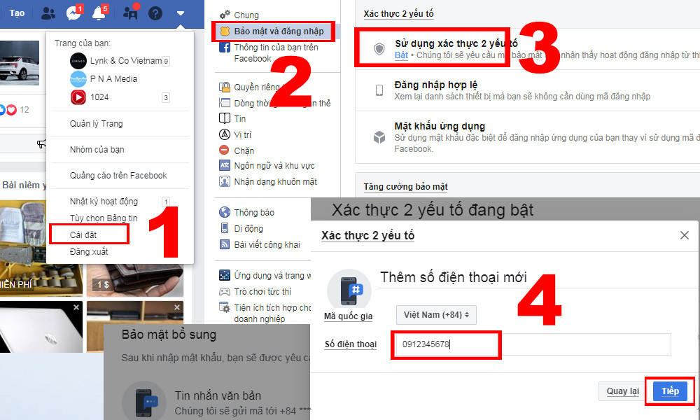Bước 1: trong giao diện Facebook, bạn truy cập vào thẻ “Cài đặt” (Setting). Bước 2: Tiếp tục truy cập vào phần “Bảo mật và đăng nhập”. Bước 3: Chọn “Sử dụng xác thực 2 yếu tố” (hoặc bảo mật hai lớp). Tiếp theo, hệ thống sẽ yêu cầu bạn nhập số điện thoại. Bước 4: Ngay khi nhập số điện thoại, Facebook sẽ gửi về cho bạn một tin nhắn chứa mã 6 số. Bạn chỉ cần nhập mã này vào theo yêu cầu là đã hoàn thành quá trình cài đặt.
