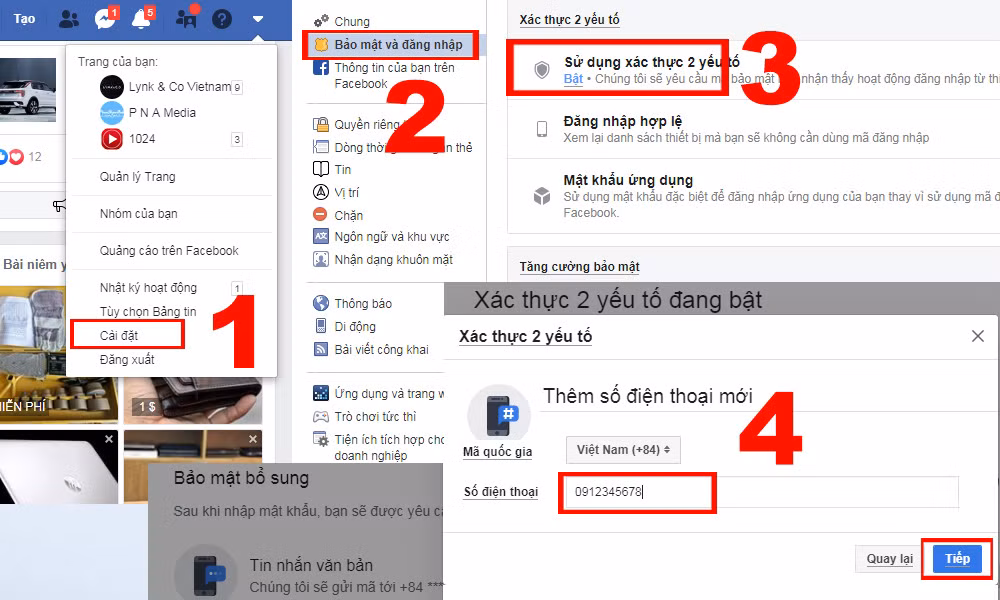 Bước 1: trong giao diện Facebook, bạn truy cập vào thẻ “Cài đặt” (Setting). Bước 2: Tiếp tục truy cập vào phần “Bảo mật và đăng nhập”. Bước 3: Chọn “Sử dụng xác thực 2 yếu tố” (hoặc bảo mật hai lớp). Tiếp theo, hệ thống sẽ yêu cầu bạn nhập số điện thoại. Bước 4: Ngay khi nhập số điện thoại, Facebook sẽ gửi về cho bạn một tin nhắn chứa mã 6 số. Bạn chỉ cần nhập mã này vào theo yêu cầu là đã hoàn thành quá trình cài đặt.