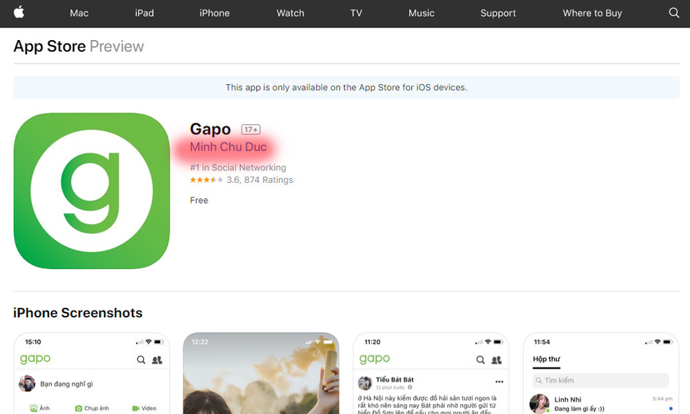 Mạng xã hội Gapo do Công ty Cổ phần Công nghệ Gapo sáng lập, tuy nhiên, ứng dụng này lại hiển thị tên tác giả trên Google Play và Apple AppStore là Minh Chu Duc (Chu Minh Đức).