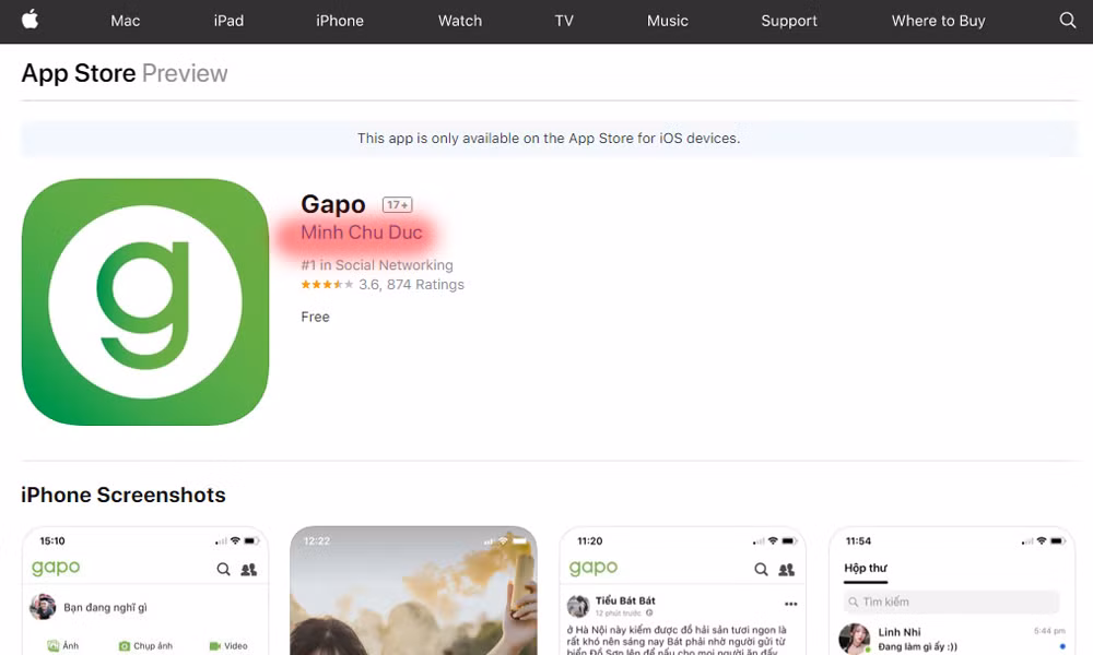 Mạng xã hội Gapo do Công ty Cổ phần Công nghệ Gapo sáng lập, tuy nhiên, ứng dụng này lại hiển thị tên tác giả trên Google Play và Apple AppStore là Minh Chu Duc (Chu Minh Đức).