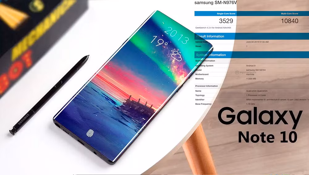 Ngoài phiên bản dùng SoC Exynos 9825, Note 10 cũng sẽ có mẫu máy sử dụng chip Snapdragon 855. Thiết bị này đã nhanh chóng lộ mặt trên bảng đo sức mạnh Geekbench, với mã hiệu SM-N976V. Nó sử dụng RAM 12GB, và có điểm đánh giá sức mạnh đơn nhân thấp hơn so với thiết bị mã SM-970F, trong khi điểm tổng hợp thì nhỉnh hơn.