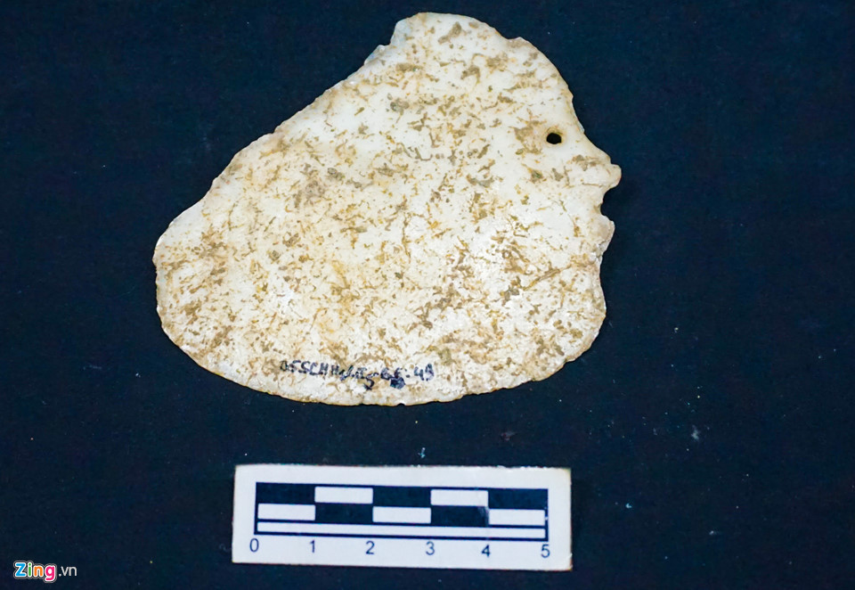 Mặt dây chuyền làm bằng vỏ sò điệp của cư dân Sa Huỳnh. Dấu tích các vỏ nhuyễn thể do con người sử dụng làm vật trang sức trong di chỉ cư trú đã phản ánh nguồn thủy sản từ biển là nguồn thực phẩm chính của cư dân văn hóa này.