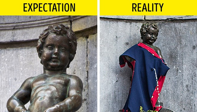 10. Manneken Pis, Bỉ: “Manneken Pis” là tên gọi của tượng chú bé đứng tè cao 61cm nằm tại thủ đô Brussels. Bức tượng nhỏ bé, được đặt khiêm tốn trên độ cao tầm 2 mét, xung quanh có hàng rào sắt bao bọc. Du khách rất hiếm khi được thấy chú bé Manneken Pis "mình trần như nhộng" thay vào đó người ta thường thay trang phục cho chú tùy theo sự kiện ít nhất là một lần một tuần. Cứ như vậy cho đến nay, tủ quần áo của Manneken Pis chứa hơn 800 bộ trang phục trong đó có không ít trang phục có niên đại từ thế kỷ 17.