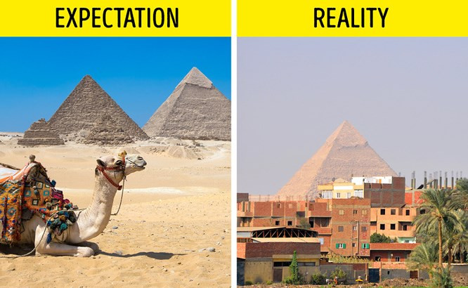 3. Kim tự tháp, Ai Cập: Khi nghe về "Kim tự tháp Ai Cập", hầu như ai cũng tưởng tượng một sa mạc rộng lớn, mặt trời nóng như thiêu như đốt, lạc đà, và kim tự tháp Ai Cập. Nhưng bạn có biết rằng thực ra những kiệt tác thế giới này rất gần với một thành phố và các kim tự đều nằm ở vùng ngoại ô Cairo. Ngoài ra, có hàng triệu người bán rong đường phố và kẻ lừa đảo có thể làm hỏng ấn tượng của bạn về thành phố cổ của thế giới này.