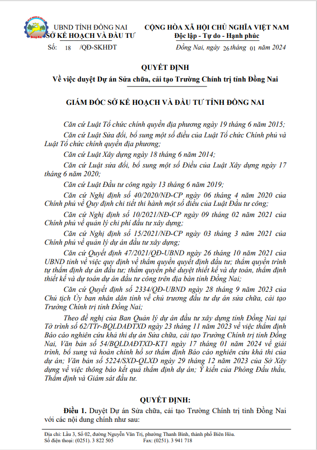 Goi sua chua truong chinh tri tinh Dong Nai da tim duoc nha thau thi cong