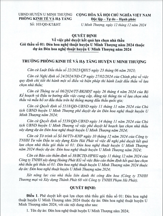 Kien Giang: Huyen U Minh Thuong da tim duoc nha thau thi cong den hoa nghe thuat