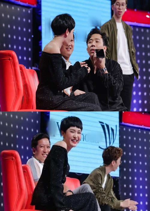 Trấn Thành là một trong những sao nam Việt yêu thích Hiền Hồ. Trong "Giọng ải giọng ai", khi bị MC Đại Nghĩa gọi nhầm thành Miu Lê, Hiền Hồ để vẻ mặt phụng phịu, giận dỗi. Biểu cảm đáng yêu này khiến Trấn Thành phải thốt lên: "Tôi muốn bắt cô ấy về nuôi quá à". Ảnh: Yan