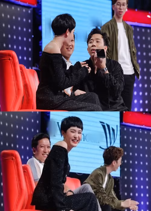 Trấn Thành là một trong những sao nam Việt yêu thích Hiền Hồ. Trong "Giọng ải giọng ai", khi bị MC Đại Nghĩa gọi nhầm thành Miu Lê, Hiền Hồ để vẻ mặt phụng phịu, giận dỗi. Biểu cảm đáng yêu này khiến Trấn Thành phải thốt lên: "Tôi muốn bắt cô ấy về nuôi quá à". Ảnh: Yan