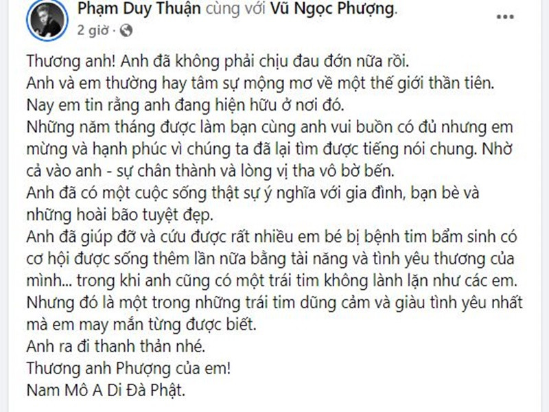 Jun Phạm chia sẻ về sự ra đi của đạo diễn Vũ Ngọc Phượng: "Anh đã có một cuộc sống thật sự ý nghĩa với gia đình, bạn bè và những hoài bão tuyệt đẹp. Anh đã giúp đỡ và cứu được rất nhiều em bé bị bệnh tim bẩm sinh có cơ hội được sống thêm lần nữa bằng tài năng và tình yêu thương của mình... trong khi anh cũng có một trái tim không lành lặn như các em. Nhưng đó là một trong những trái tim dũng cảm và giàu tình yêu nhất mà em may mắn từng được biết”. Ảnh chụp màn hình