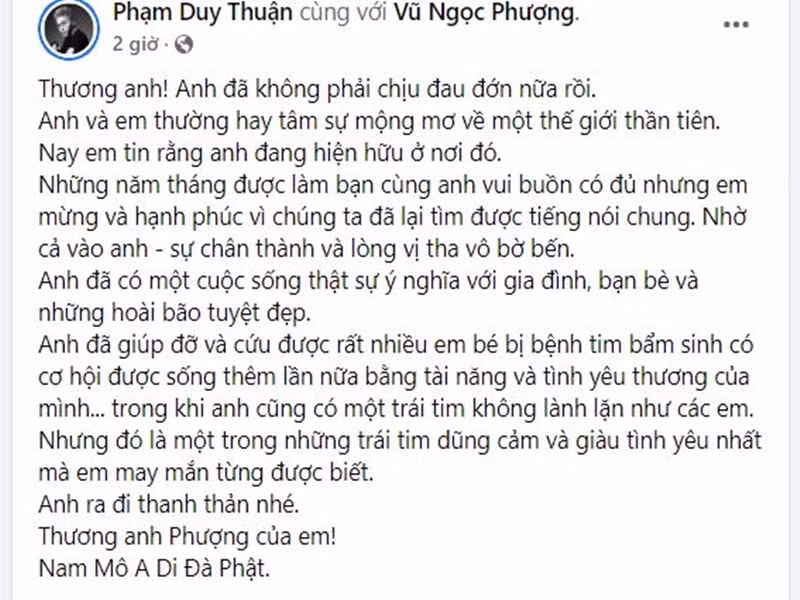 Jun Phạm chia sẻ về sự ra đi của đạo diễn Vũ Ngọc Phượng: "Anh đã có một cuộc sống thật sự ý nghĩa với gia đình, bạn bè và những hoài bão tuyệt đẹp. Anh đã giúp đỡ và cứu được rất nhiều em bé bị bệnh tim bẩm sinh có cơ hội được sống thêm lần nữa bằng tài năng và tình yêu thương của mình... trong khi anh cũng có một trái tim không lành lặn như các em. Nhưng đó là một trong những trái tim dũng cảm và giàu tình yêu nhất mà em may mắn từng được biết”. Ảnh chụp màn hình
