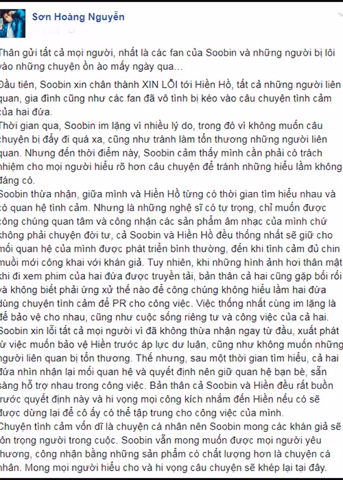 Sau nhiều lần phủ nhận yêu đương, Soobin Hoàng Sơn đăng tải tâm thư thừa nhận từng hẹn hò Hiền Hồ nhưng đã chia tay. Ảnh: Vietnamnet