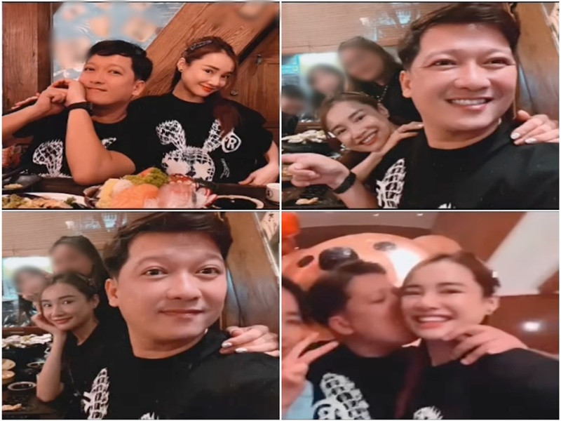 Trường Giang hết đút cho Nhã Phương ăn, lại hôn má bà xã.Ảnh: Yan