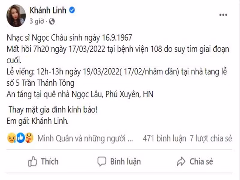 Ca sĩ Khánh Linh - em gái nhạc sĩ Ngọc Châu chia sẻ, lễ viếng sẽ diễn ra vào hồi 12h-13h ngày 19/3 tại Nhà tang lễ số 5 Trần Thánh Tông. Ảnh chụp màn hình
