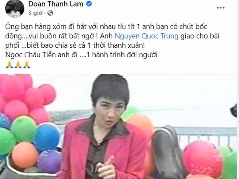 Thanh Lam chia sẻ clip hát ca khúc "Chiều xuân" của nhạc sĩ Ngọc Châu. Cô thương tiếc người đồng nghiệp: "Ông bạn hàng xóm đi hát với nhau tíu tít, một anh bạn có chút bốc đồng, vui buồn rất bất ngờ. Anh Quốc Trung giao cho bài phối. Biết bao chia sẻ cả một thời thanh xuân. Tiễn anh đi, một hành trình đời người". Ảnh chụp màn hình