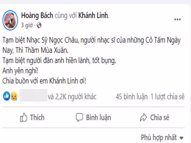 Hay tin nhạc sĩ Ngọc Châu qua đời, Hoàng Bách gửi lời vĩnh biệt đến người đàn anh hiền lành, tốt bụng. Ảnh chụp màn hình