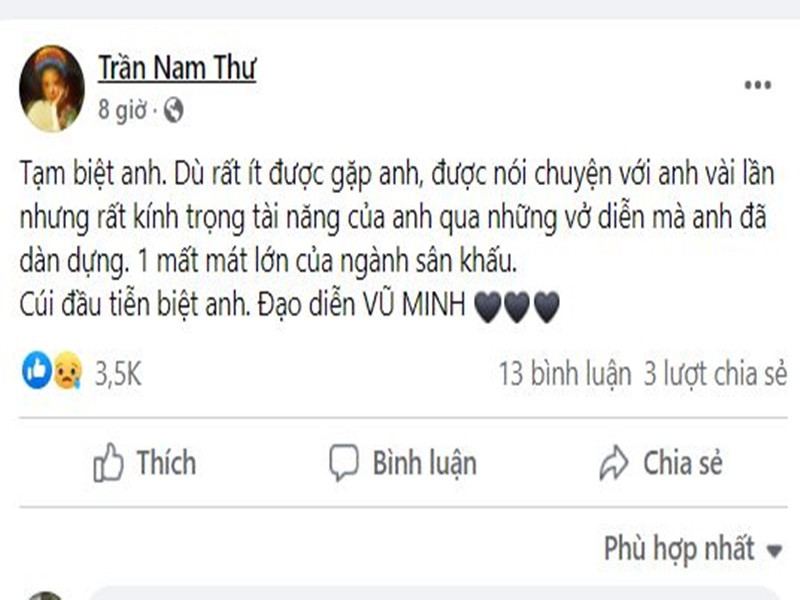Nam Thư cho biết, cô rất kính trọng đạo diễn Vũ Minh bởi tài năng của anh. "Một mất mát lớn của ngành sân khấu", nữ diễn viên bày tỏ.