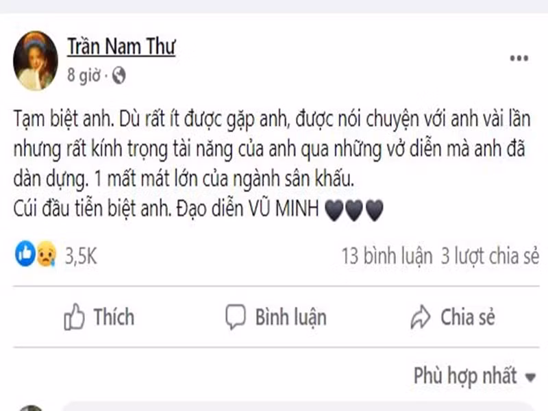 Nam Thư cho biết, cô rất kính trọng đạo diễn Vũ Minh bởi tài năng của anh. "Một mất mát lớn của ngành sân khấu", nữ diễn viên bày tỏ.