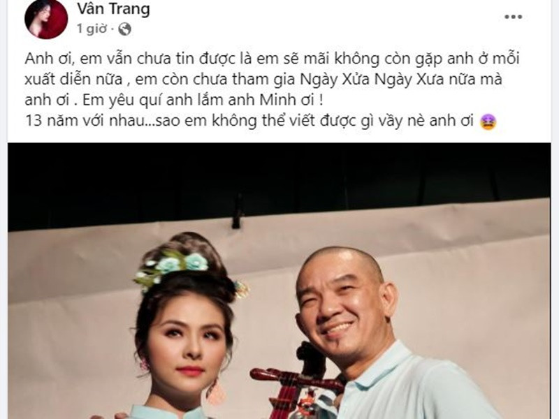 Vân Trang bàng hoàng khi hay tin dữ về đạo diễn Vũ Minh. Cô nghẹn ngào viết: "Em yêu quý anh lắm, anh Minh ơi".