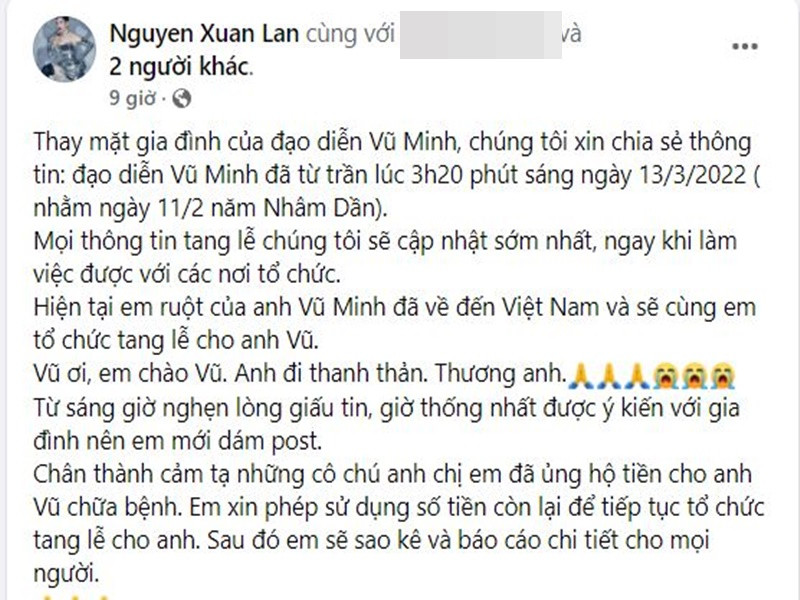 Xuân Lan đau buồn thông báo sự ra đi của đạo diễn Vũ Minh. Cô còn bày tỏ: "Vũ ơi, em chào Vũ. Anh đi thanh thản. Thương anh".