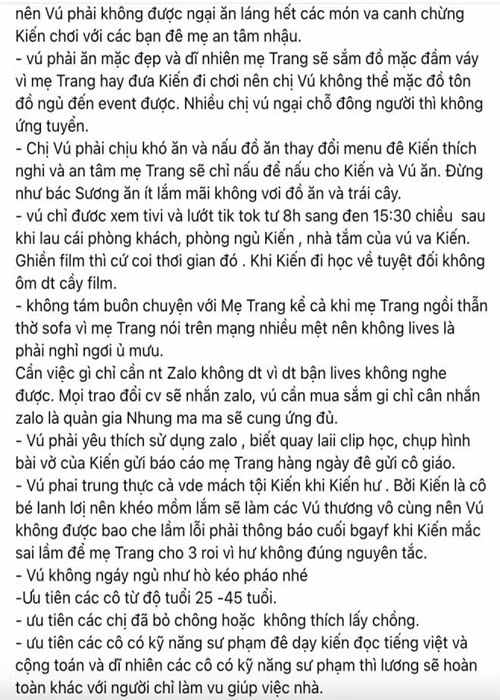 Một số yêu cầu đáng chú ý của Trang Trần gồm: không dùng điện thoại sau 21 giờ vì cần ngủ chung với bé Kiến để đánh thức cô nhóc đi học sớm, không ứng lương và vay tiền, không thuộc thành phần đi trốn nợ, không nghỉ đột ngột và nếu nghỉ phải báo trước 10 ngày, phải ngồi được máy bay và ô tô, phải chăm đi ăn tiệc hay ăn nhà hàng, phải mặc đồ đẹp, chịu khó ăn và nấu đồ ăn thay đổi thực đơn. Ảnh: Công lý và xã hội