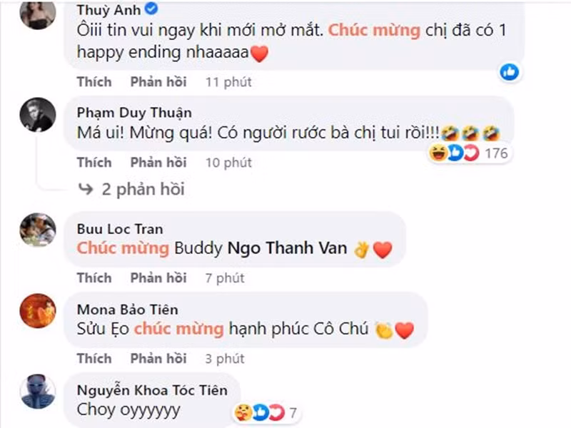 Thông tin Ngô Thanh Vân được Huy Trần cầu hôn khiến bạn bè, đồng nghiệp người hâm mộ vô cùng vui mừng. Nhiều sao Việt chúc phúc cho cặp đôi.