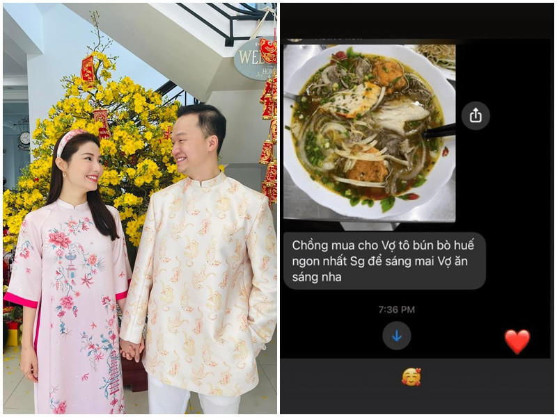 Nữ diễn viên không ít lần khoe được nửa kia chiều chuộng. Một lần, Vinh Nguyễn mua cho Diễm My bát bún bò Huế để cô ăn sáng. Ảnh: FBNV