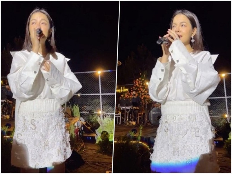 Diện set trang phục trắng đi hát, Phạm Quỳnh Anh lộ eo bánh mì. Ảnh: Sức khỏe và đời sống