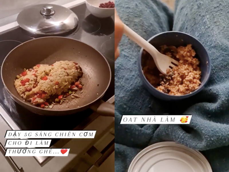 Huy Trần không ngại dậy sớm nấu cơm để bạn gái mang theo đi làm khi cả hai sang nước ngoài.