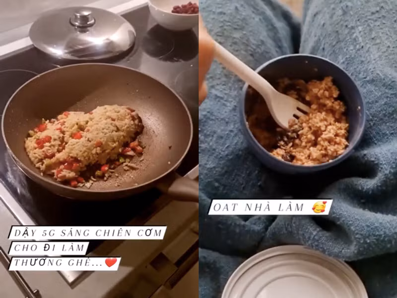 Huy Trần không ngại dậy sớm nấu cơm để bạn gái mang theo đi làm khi cả hai sang nước ngoài.