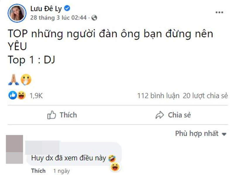 Nghi vấn Lưu Đê Ly "bóc phốt" DJ Huy DX rộ lên sau khi cô đăng tải status: "Top những người đàn ông bạn đừng nên yêu. Top 1: DJ". Ảnh chụp màn hình