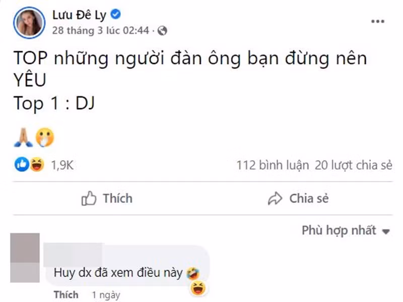 Nghi vấn Lưu Đê Ly "bóc phốt" DJ Huy DX rộ lên sau khi cô đăng tải status: "Top những người đàn ông bạn đừng nên yêu. Top 1: DJ". Ảnh chụp màn hình