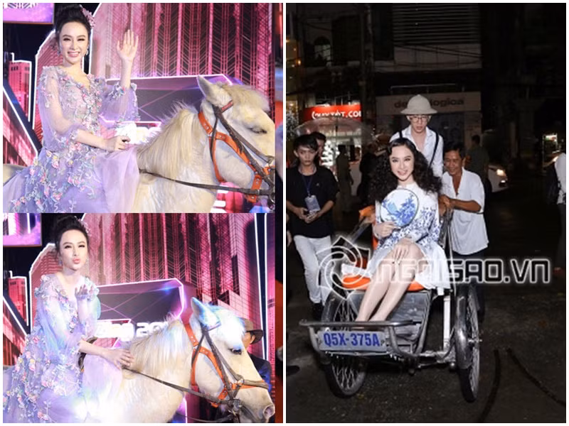 Angela Phương Trinh cũng thường có những ý tưởng khác người khi xuất hiện trên thảm đỏ. Cô cưỡi ngựa, ngồi xích lô, đeo mặt nạ. Ảnh: Dân Việt, Công lý và xã hội