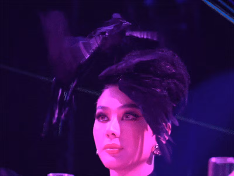 Trong một lần dự thảm đỏ, nữ ca sĩ chuyển giới đội một chiếc mũ có gắn chú chim giả màu đen trên đầu. Tuy nhiên, mô hình này cứ đập cánh mãi khiến cô phải tắt nguồn. Ảnh: Vietnamnet