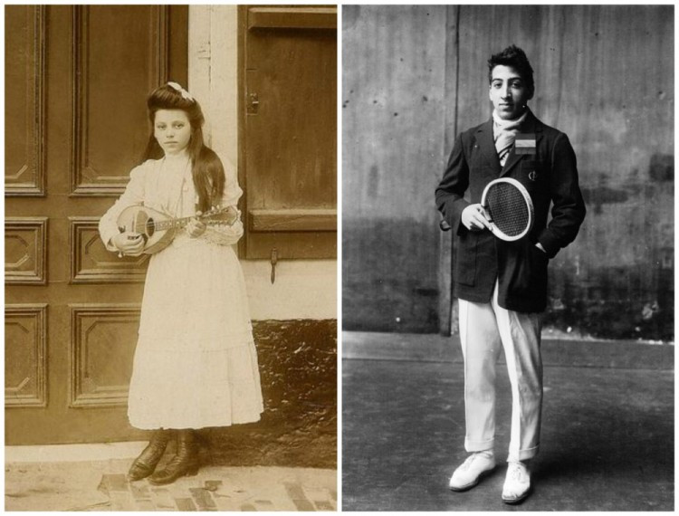 Sinh viên nước Pháp cách đây 1 thế kỷ. Bên phải là ảnh của René Lacoste, một cầu thủ tennis và người sáng lập thương hiệu Lacoste.