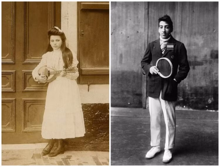 Sinh viên nước Pháp cách đây 1 thế kỷ. Bên phải là ảnh của René Lacoste, một cầu thủ tennis và người sáng lập thương hiệu Lacoste.