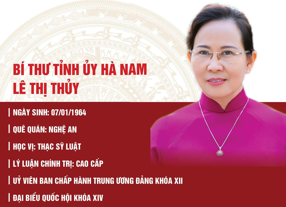 Bà Lê Thị Thủy - Bí thư Tỉnh ủy Hà Nam - từng là ủy viên Ban chấp hành Đảng bộ khối các cơ quan trung ương, ủy viên Ban cán sự Đảng, bí thư Đảng ủy Thanh tra Chính phủ, nguyên phó tổng Thanh tra Chính phủ, phó chủ nhiệm Ủy ban Kiểm tra Trung ương Đảng Cộng sản Việt Nam. Tháng 9-2019, bà được điều động về Hà Nam giữ chức bí thư Tỉnh ủy.