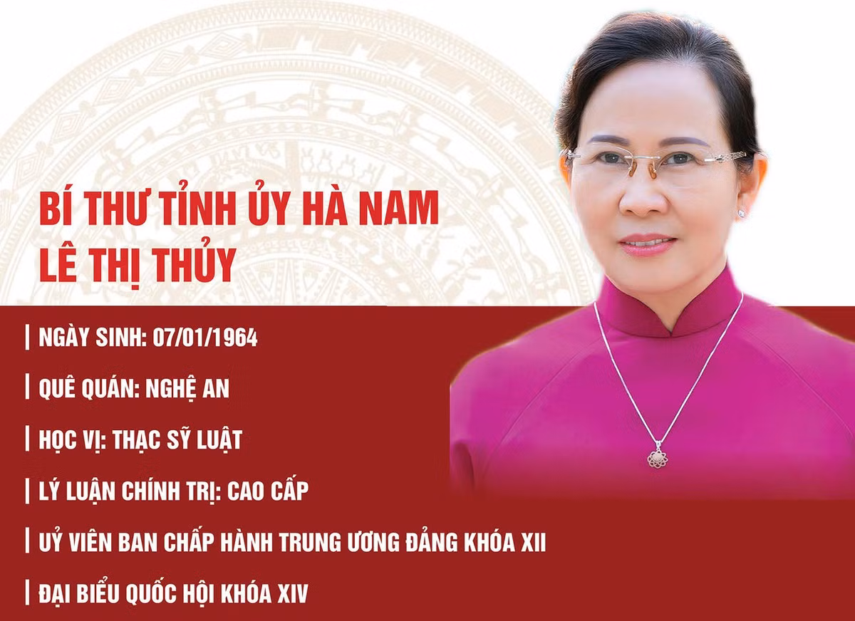 Bà Lê Thị Thủy - Bí thư Tỉnh ủy Hà Nam - từng là ủy viên Ban chấp hành Đảng bộ khối các cơ quan trung ương, ủy viên Ban cán sự Đảng, bí thư Đảng ủy Thanh tra Chính phủ, nguyên phó tổng Thanh tra Chính phủ, phó chủ nhiệm Ủy ban Kiểm tra Trung ương Đảng Cộng sản Việt Nam. Tháng 9-2019, bà được điều động về Hà Nam giữ chức bí thư Tỉnh ủy.