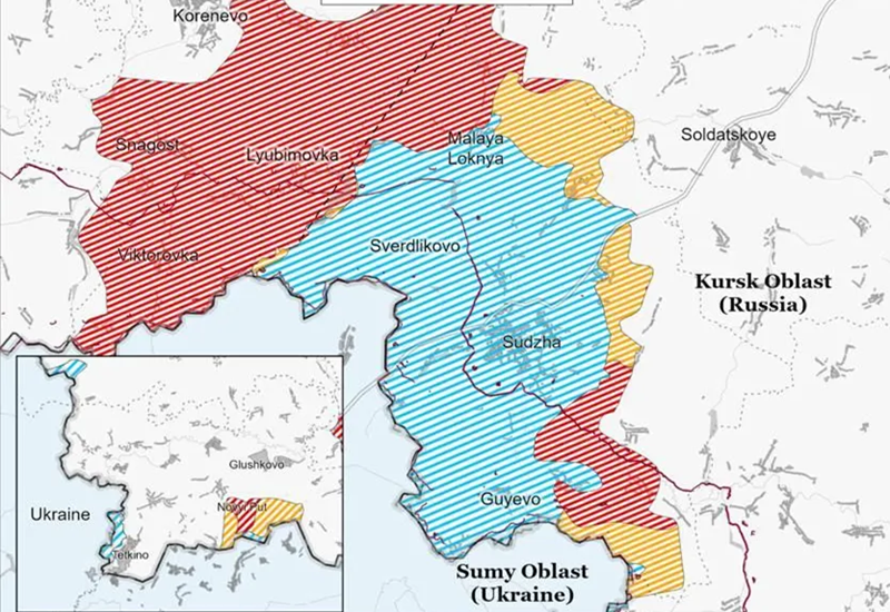 Viện Nghiên cứu Chiến tranh Mỹ đã vẽ một bản đồ, trong đó phần tô màu đỏ đại diện cho các khu vực đã được quân Nga xác nhận giành lại, vùng tô màu vàng là các khu vực chưa được xác nhận nhưng quân Nga tuyên bố đã chiếm lại, và vùng tô màu xanh dương là khu vực quân Ukraine vẫn kiểm soát. Theo bản đồ này, Quân đội Nga đã giành lại ít nhất 40-50% diện tích. Ảnh: Deep State.