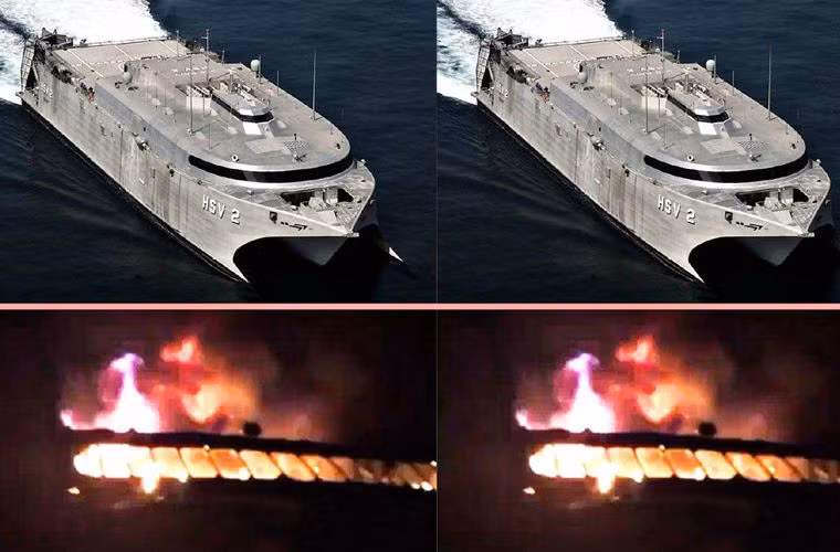 HÌnh ảnh chiến hạm vận tải siêu tốc hiện đại trước và sau khi bị trúng tên lửa, có thể nhận thấy ngọn lửa bốc lên rất cao từ phía thượng tầng của con tàu.