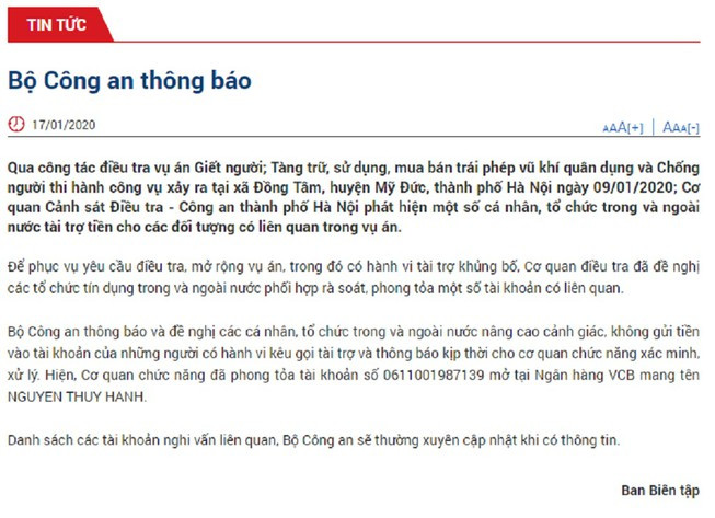 Bo Cong an thong tin viec phong toa tai khoan nghi van lien quan vu Dong Tam